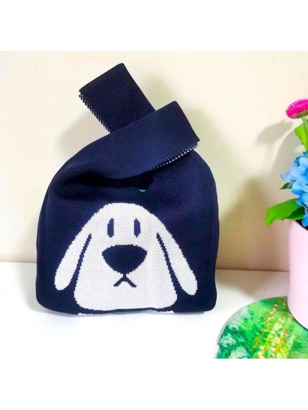 Heavy Woven Knit Doggo Pattern Tote Purse Bag Japanese Knot  Closure Style Dog